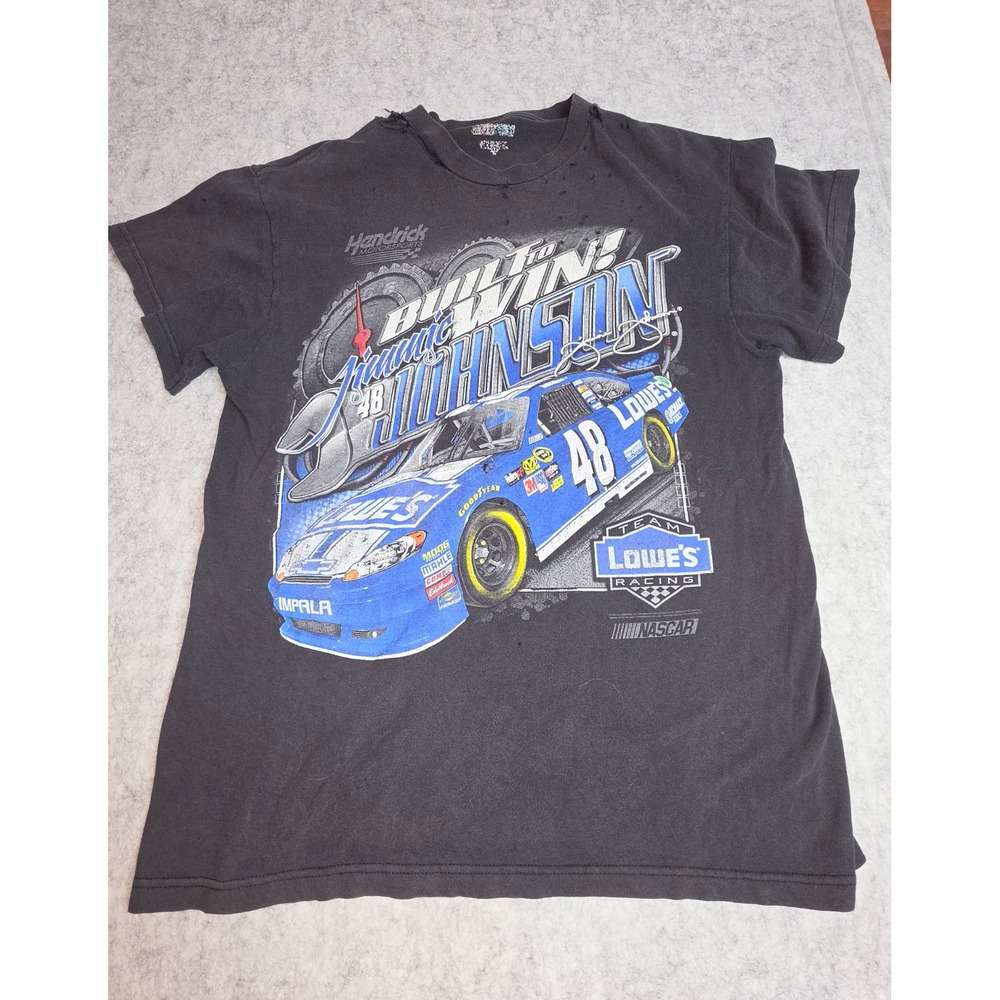 Vintage 90s Thrashed Jimmie Johnson NASCAR T-Shirt Lowes Racing 48 Black Medium